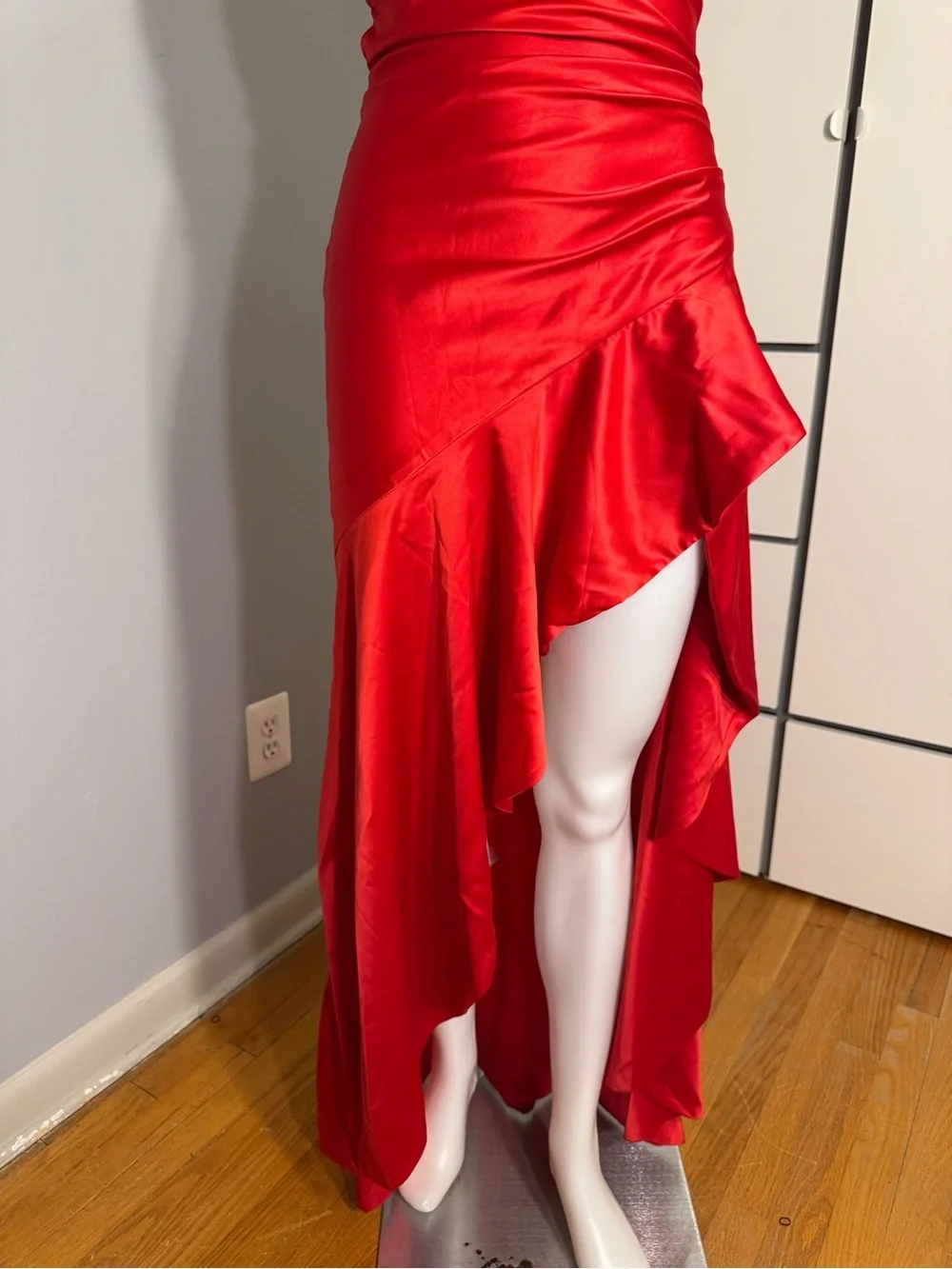Satin Red Halter High-Low Ruffle Dress - Picture 4 of 5